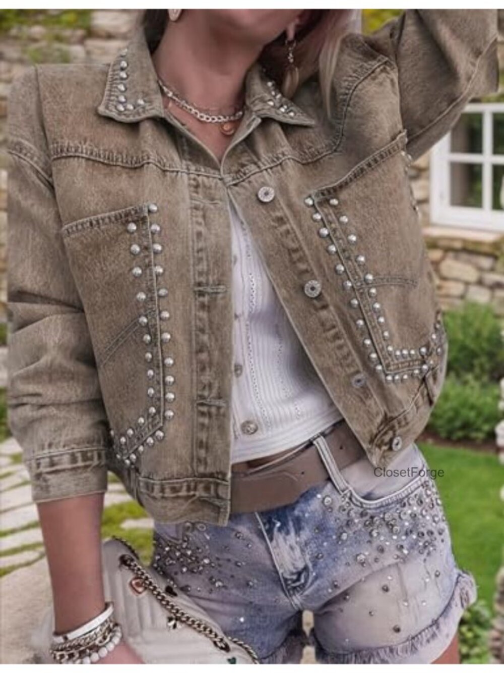 Rivet Studded Cropped Denim Jacket Loose Fit Cotton Blend Women's Casual - Picture 3 of 6
